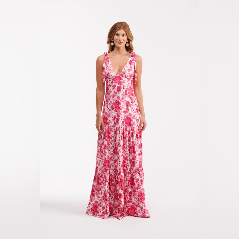 Tie-Shoulder Pink Floral Maxi Dress